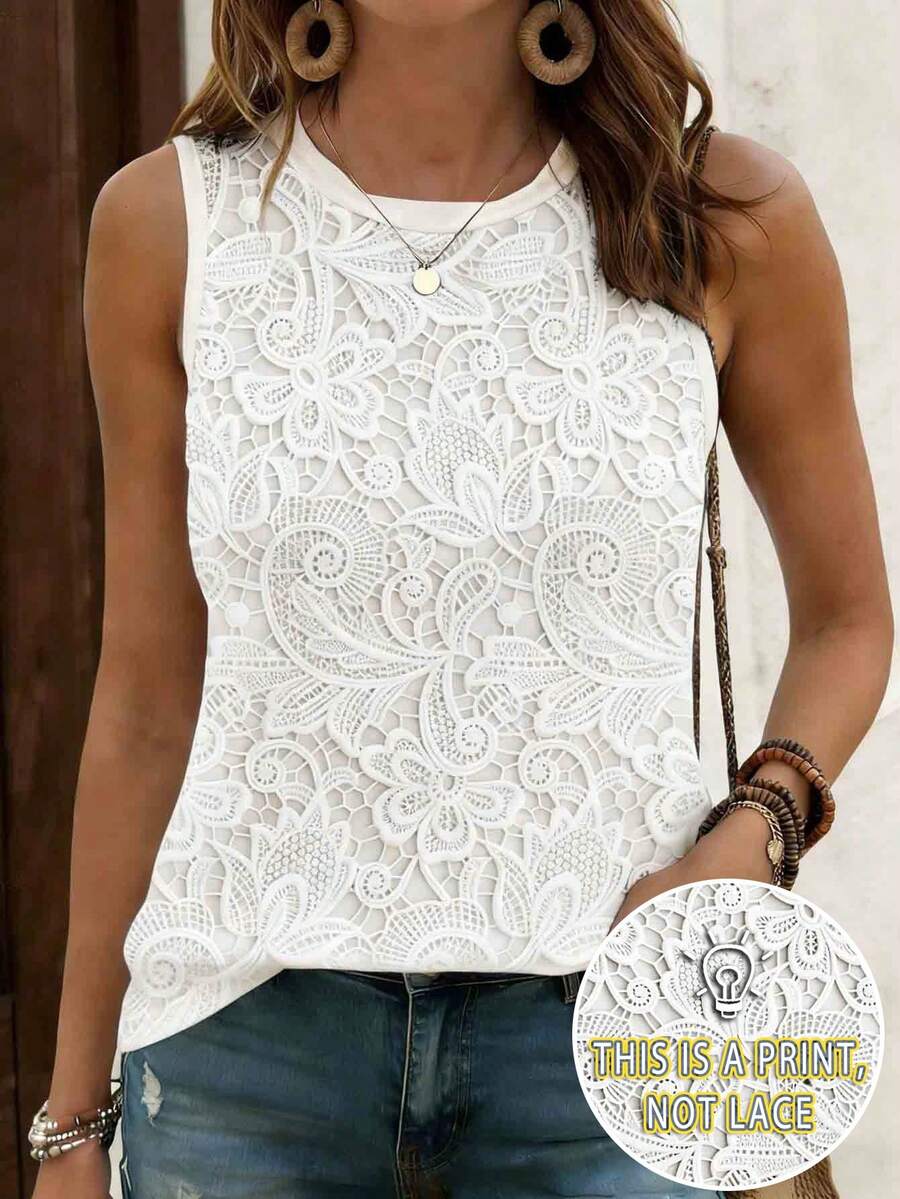 EMERY ROSE Blusa de mujer con estampado floral de cuello redondo, cómoda blusa de tirantes de cuello redondo casual, adecuada para uso diario en verano - Blanco - Ver 1