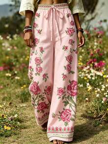 SHEIN 女士印花系带阔腿休闲裤 - 彩色 - 查看 4