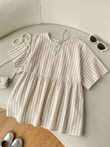 SHEIN EZwear 女款休閒寬鬆短袖條紋襯衫，適合日常通勤、約會、派對、秋冬春夏、聖誕節、新年、感恩節、婚禮、海灘、畢業典禮，時尚優雅休閒，適合外出約會與通勤 - 彩色 - 查看 7