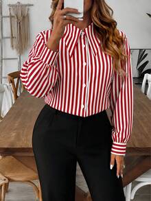 EMERY ROSE Camisa de manga larga con cuello y rayas para mujer de talla grande - Rosa Fucsia - Ver 1
