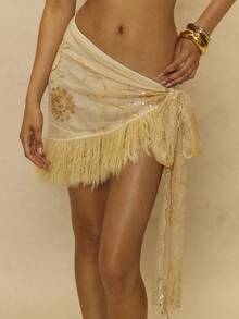 MUSERA Woven Embellished Wrap Tie Fringe Sarong Skirt Spring Summer Holiday Vacation Ibiza Festival Un Roma Pool Party Beach Beige Romantic Sexy - Apricot - View 2