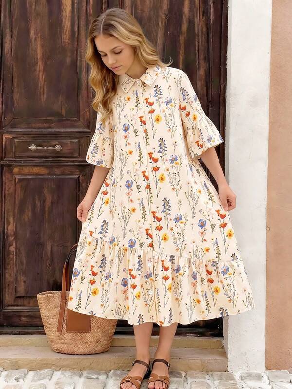 1pc Tween Girl French Countryside Floral Print Shirt Dress,Beige,Summer,Boho,Tea Party,Vacation,Holiday,Casual Vibe Versatile Spring Outfit