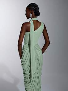 Elitara Elegant Dusty Rose Green Mesh Irregular Neckline Draped Pleated Flowing Ribbon Floor-Length Evening Gown For Wedding Party Formal Occasion - Green - View 4