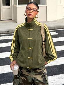 Muchica Army Green Knit Suede Women's Frog Button Design Thin Jacket - Army Green - View 4