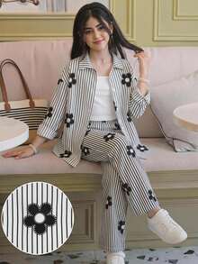 SHEIN 少女三件套：条纹长袖衬衫、印花长裤和吊带背心，适合春秋季穿着 - 黑與白 - 查看 7