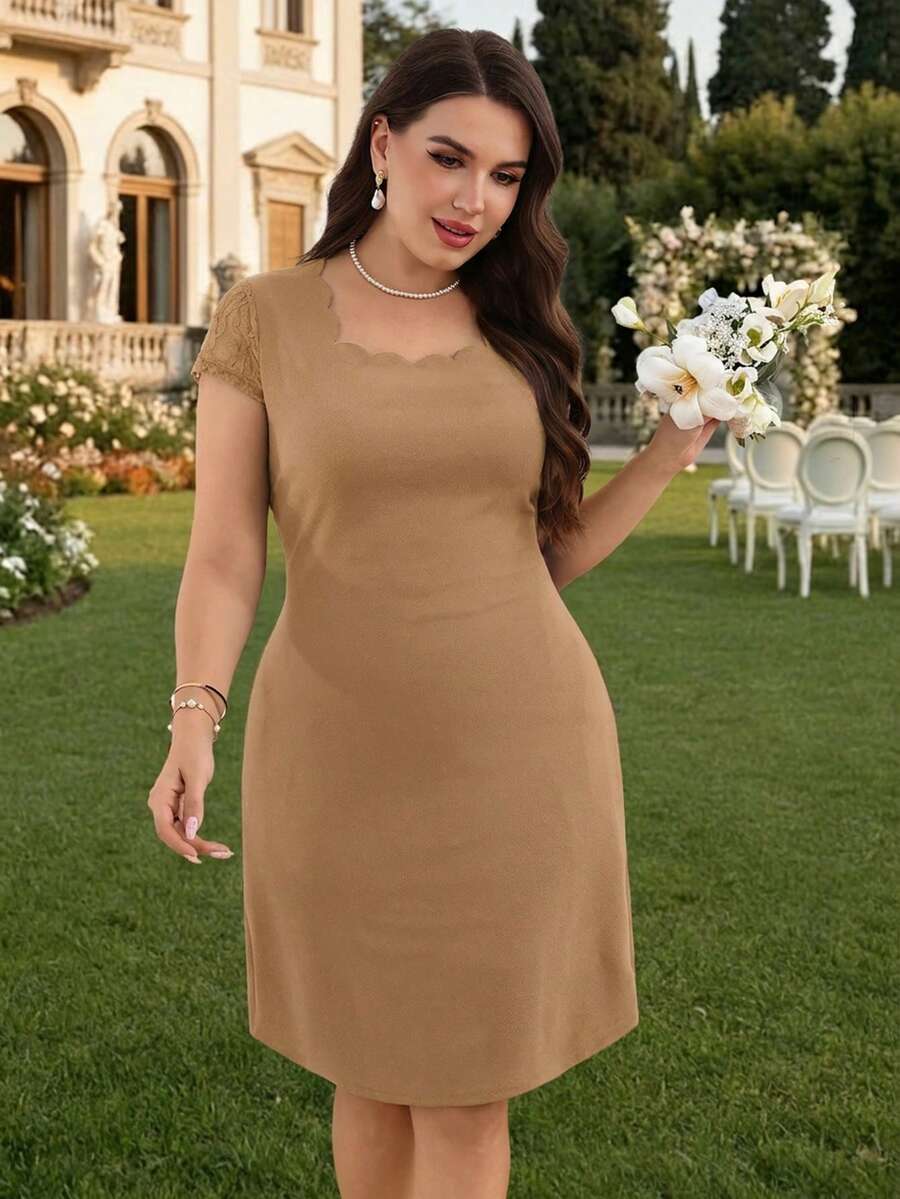Miaspire 大尺碼女款素色圓弧下擺方領短袖優雅洋裝 - 駝色 - 查看 1