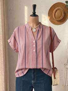 EMERY ROSE Casual Boho Minimalist Striped Pattern Plus Size Shirt Suitable For Summer Vacation Pink Vacation Bussines Vacation - Multicolor - View 4