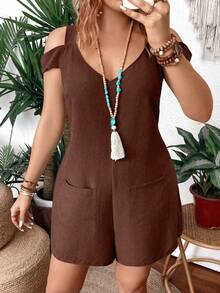 Breezaya Mono de mujer talla grande de color liso con textura, hombros descubiertos y bolsillos - Café integral - Ver 3