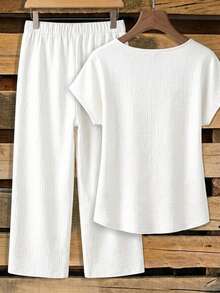 SHEIN Clasi White Women's Shirt With Tie Bow And Loose Straight Leg Pants 2pcs Set - White - View 2