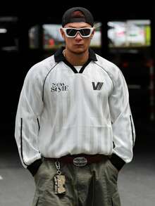DAZY 男士長袖條紋字母印花拼接領運動風T恤 夏季款 - 彩色 - 查看 4