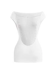 ROMWE Spring/Summer Y2K Sexy Indie Sleaze Festival Outfit Women's Fitted Backless T-Shirt Napoleon Buttons Rhinestones Date Night Pink And White - White - View 2