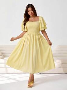 Solflare Vestido elegante de talla grande con mangas de volantes y volantes de unicolor, fiesta de té de verano amarillo pálido - amarillo ganso - Ver 6