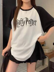 DAZY 黑白拼色落肩袖字母印花女款夏季圖案T恤 - 黑與白 - 查看 3