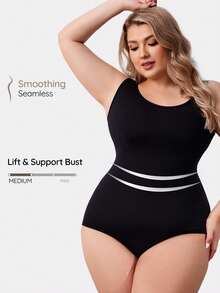SHAPORA Plus Size Women Solid Color Simple Tank Body Shaper Bodysuit - Black - View 1