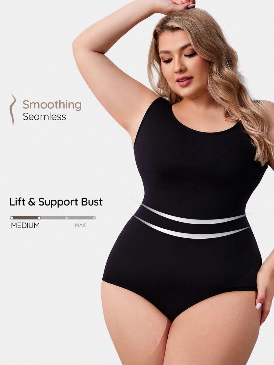 SHAPORA Plus Size Women Solid Color Simple Tank Body Shaper Bodysuit - Black - View 1