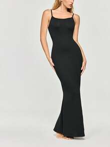 SHAPORA Vestido Longo Casual para Casa de Cor Sólida com Alças - Preto - Visão 6