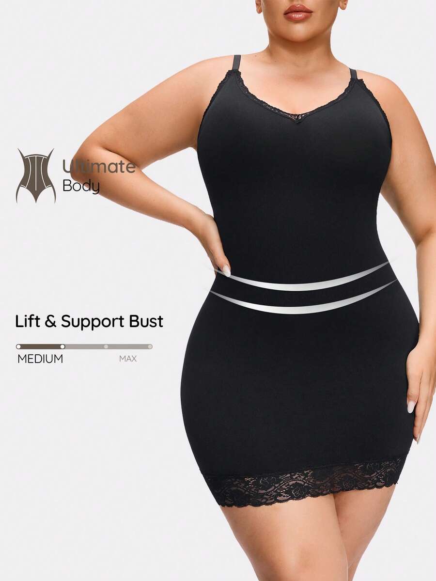 SHAPORA Plus Size Women Solid Color Lace Patchwork Bodycon Camisole Dress - Black - View 1