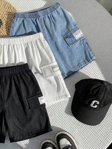 SHEIN 3件裝小男孩休閒學院風舒適時尚極簡百搭軟牛仔拼接多片短褲，適合日常穿著、上學、旅行、運動，春夏款，6件選3件隨機發貨 - 彩色 - 查看 5