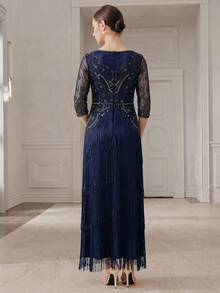 Anewsta Robe élégante abricot pour femmes printemps/été, tenue élégante robe de soirée, robe de mode à franges avec perles et paillettes, robe de soirée, robe longue - Bleu marine - Voir 2