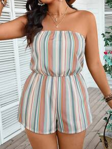 SHEIN VCAY Women's Bohemian Style Vacation Blue And White Striped Colorful Print Top And Shorts Jumpsuit, Summer Holiday Vintage Beach Vacation Outfit, Casual Simple Plus Size Bandeau Shorts Jumpsuit - Multicolor - View 6