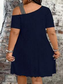 SHEIN CURVE+ Plus Size Women's Textured Hollow Out Stretch Knit Casual Fashion Loose Striped Patchwork Short Sleeve Dress, Bow, Fashion Elegant Commute Work Daily - Navy Blue - View 2