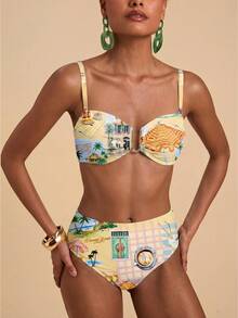 Travachic Women's Vintage Italian Style Printed Pattern Two Pieces Swimsuit Set, Suitable For Outings, Beach Vacations, Cruise Parties, Chic - Multicolor - View 7