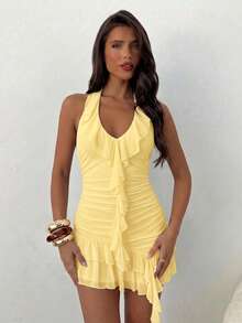 Aloruh Women's Ruffle Halter Neck Asymmetric Design Mini Dress - Light Yellow - View 6