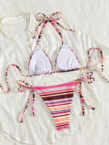 Swim Vcay Spring/Summer Women's 2 Pieces Sexy Bikini Swimwear Set, Halter Neck Tie, Colorful Striped Random Cut Pattern, Women's Beachwear Swimwear Set - Multicolor - View 2
