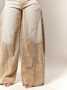 Denimoi Jeans casuales con degradado lavado, desgastados y de pierna curva - Caqui - Ver 5