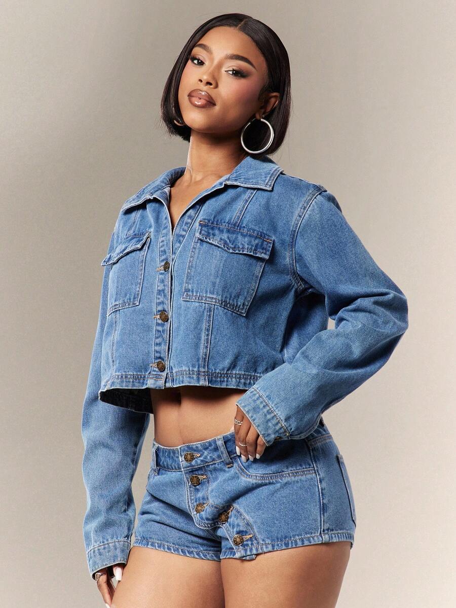Denimoi Cropped Button Front Denim Top Fashion Denim Autumn And Denim On Denim It Girl Outfits Swimming Pastal Sexy - Medium Wash - View 1