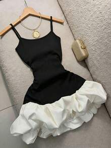 SHEIN Franclia Women's New Black And White Color Block Puff Hem Waist-Cinched Cami Dress Club Night Summer Sexy - Black and White - View 1