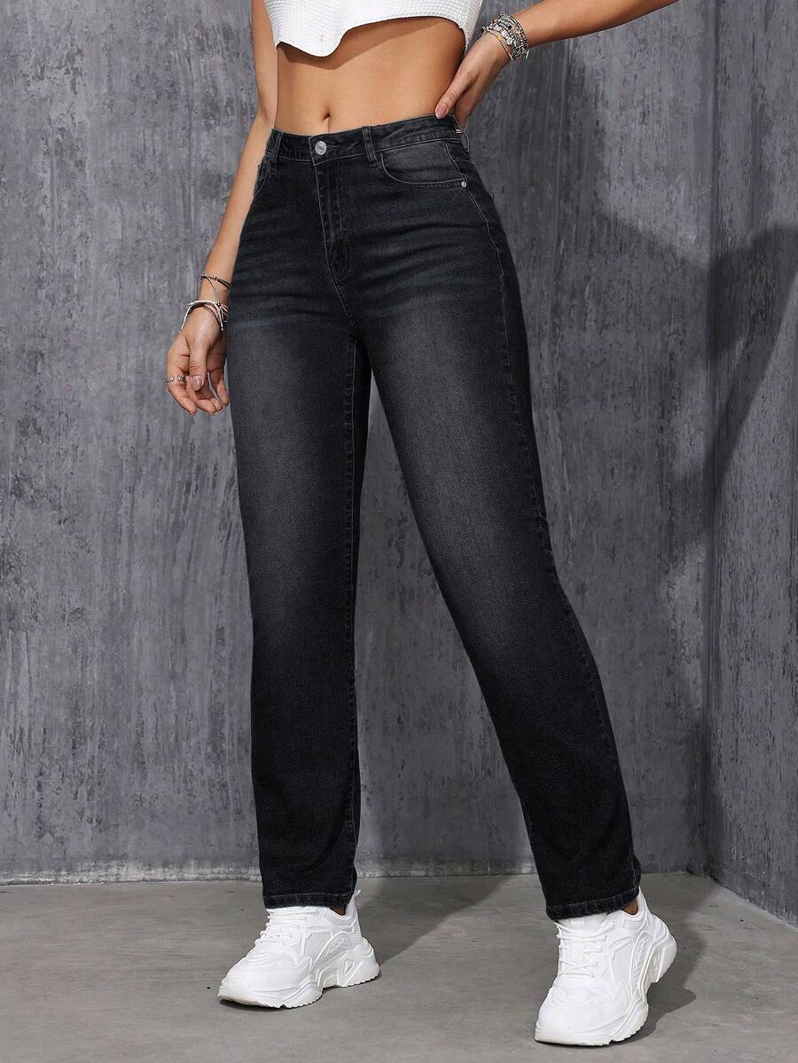 SHEIN ICON Women's Fashion Versatile Pocket Button Casual Denim Jeans - Black - View 1