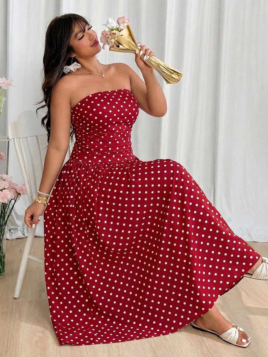 GalTyme Plus Size Women's Summer Beach Vacation Polka Dot Print Ruched Waist Bandeau Dress - Burgundy - View 1