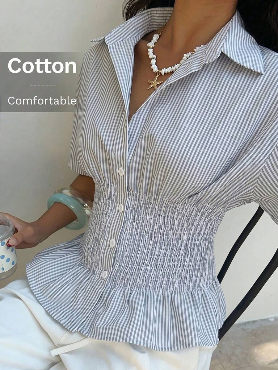 SHEIN EZwear 女士藏蓝色条纹修身梭织衬衫 - 藏蓝色 - 查看 1
