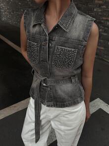 Livesso Collared Sleeveless Patchwork Tie-Waist Women Denim Jacket And Coat Travel Vacation Gray Summer Casual Streetwear - Blue - View 3