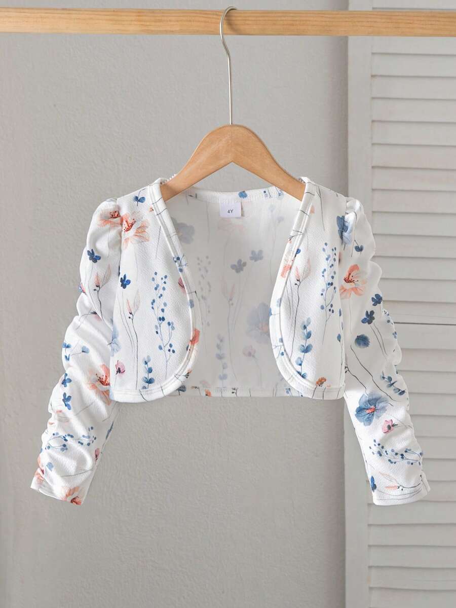 SHEIN Kids Young Girl 1pc Floral Print Ruched Sleeve Open Front Crop JacketComfortable And Versatile, Suitable For Autumn, Spring, And Summer & Fall , Ages 4-7, Perfect For Outings, School, Home, Vacation, And Travel.Great For Casual & Daily Wear,Sister And Me Matching, Mom And Daughter Matching - White - View 1