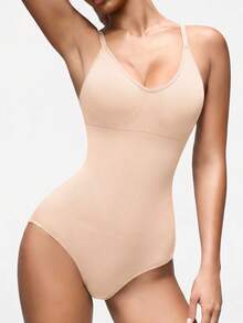 SHEIN 1件装女士塑身衣无缝V领性感低腰露背连体衣，收腹瘦身纯色夏季塑身衣，提臀塑形内衣 - 杏色 - 查看 5