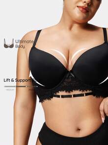 SHAPORA 1pc Plus Size Women's Minimalist Lace Design Supportive Bra, Suitable For Daily Wear, Commute, And Party - Black - View 1