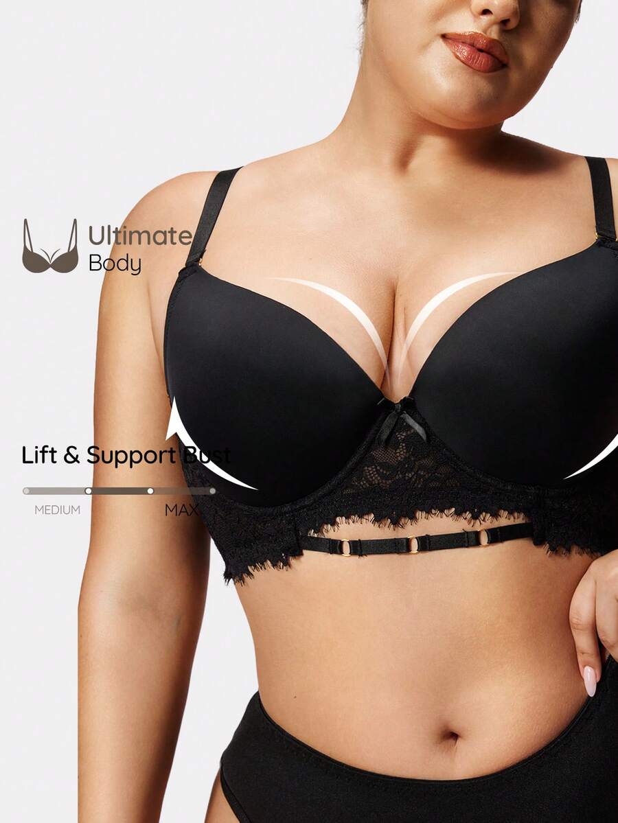 SHAPORA 1pc Plus Size Women's Minimalist Lace Design Supportive Bra, Suitable For Daily Wear, Commute, And Party - Black - View 1