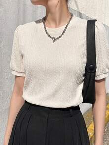 DAZY Women Summer Round Neck Elegant Commute Versatile Loose Top Casual Short Sleeve T-Shirt - Beige - View 8