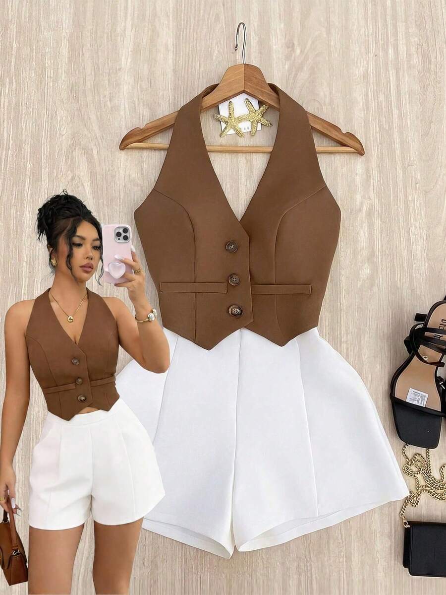SHEIN Elenzya Women's Summer Casual Elegant Solid Color Vest And Shorts Suit Teachers' Day Office Brunch Brown White - Khaki - View 1