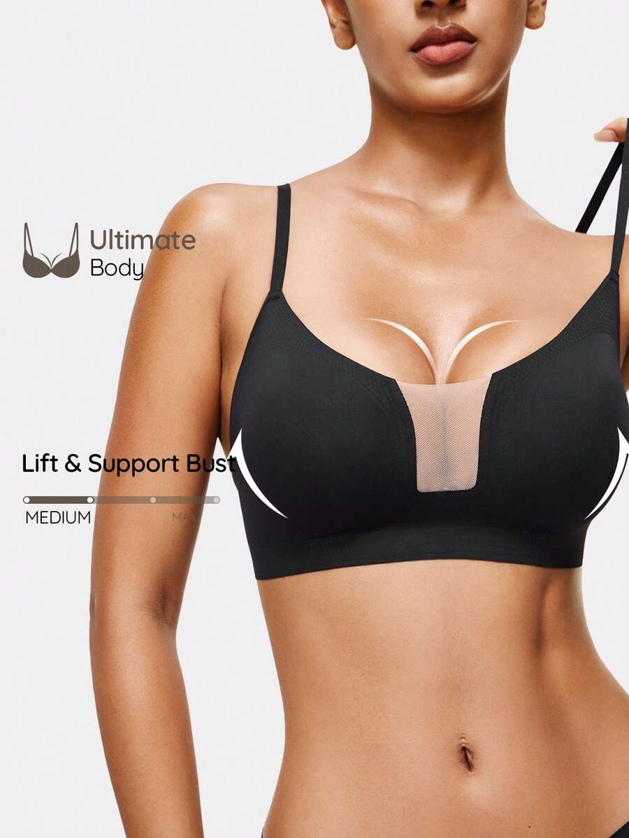 SHAPORA Women's Solid Color Mesh Patchwork Comfortable Bra - Black - View 1