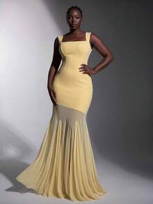 Elitara Gaun Bridesmaid Transparan Ukuran Plus Elegan Romantis Warna Kuning dengan Leher Persegi dan Bahan Jala Elastis Tinggi, Model Bodycon dan Hem Ekor Ikan - Kuning - View 4