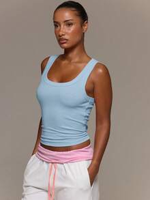 MUSERA ESSENTIALS Ribbed Scoop Neck Fitted Tank Vest Top Cute Everyday Basics Sexy Daily Spring Summer Essential - Blue - View 3