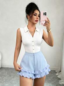 SHEIN Raffinéa Pantalones cortos acampanados para mujer de unicolor, ajustados, con bolsillos reales, cintura ceñida, volantes 3D, cremallera, botón, para vacaciones, elegantes, casuales, de oficina, minimalistas, sexys, elegantes para primavera/verano - Celeste - Ver 1
