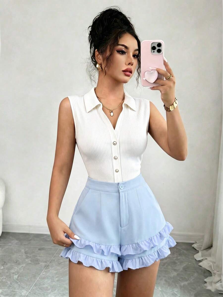 SHEIN Raffinéa Pantalones cortos acampanados para mujer de unicolor, ajustados, con bolsillos reales, cintura ceñida, volantes 3D, cremallera, botón, para vacaciones, elegantes, casuales, de oficina, minimalistas, sexys, elegantes para primavera/verano - Celeste - Ver 1