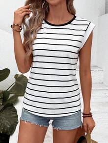 GlowEve New Spring And Summer Fashionable And Simple Black And White Striped Round-Neck Short-Sleeved T-Shirt - Multicolor - View 5