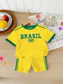 Setelan Pakaian Musim Panas/Musim Semi/Musim Panas/Musim Gugur untuk Anak Perempuan Muda, Kreatif, Personalisasi, Motif Bintang Lima Brasil, Garis Kuning & Hijau, Sisi Dasar Kuning, Garis Ganda Hijau, Huruf, Slogan, Gaya Kasual, Setelan Kaos Pendek + Celana Pendek Biker - MultiWarna - View 7