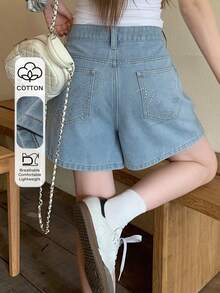 DAZY Celana Pendek Denim Kasual Longgar Wanita dengan Hiasan Rhinestone dan Kantong, Cocok untuk Musim Semi & Musim Panas - Biru - View 1