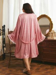 Côtesoire Baju Tidur/Mantel Ukuran Plus Gaya Romantis Prancis Segar Gaya Prancis Selatan Motif Bunga Rajut Renda Patchwork Pas Badan, Jubah Motif Renda Patchwork, Set Baju Tidur/Mantel Malam - Dusty Pink - View 2